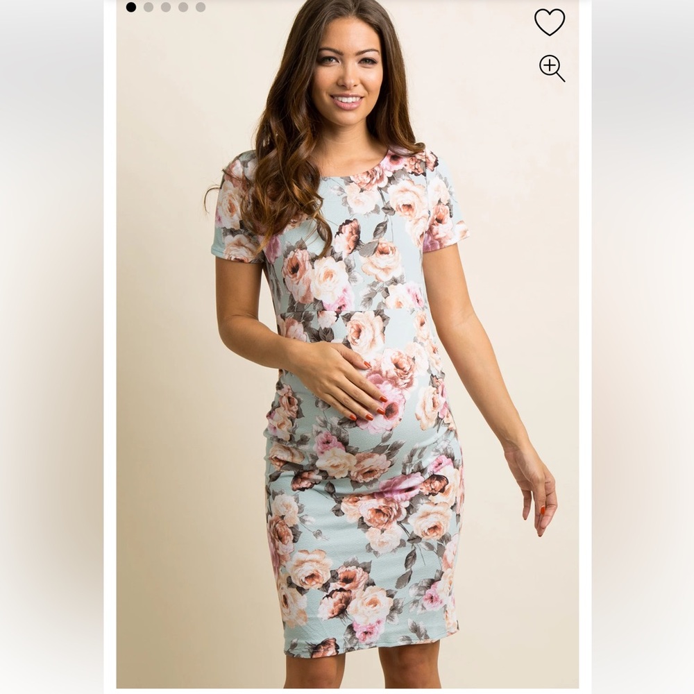 NWT Pinkblush blue floral fitted short sleeve midi maternity dress